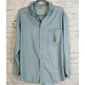 LOONEY TUNES Denim Shirt Large Embroidered Tweety Vintage 90's